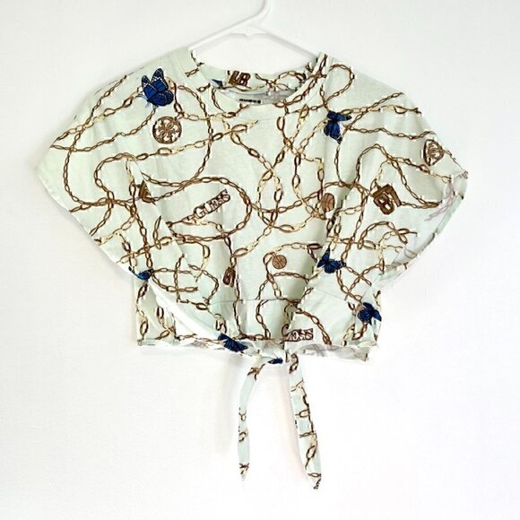 GUESS Dolly Bow Tee / All Over Print T-Shirt Chain Butterfly Tie Knot Crop Top - Picture 2 of 12